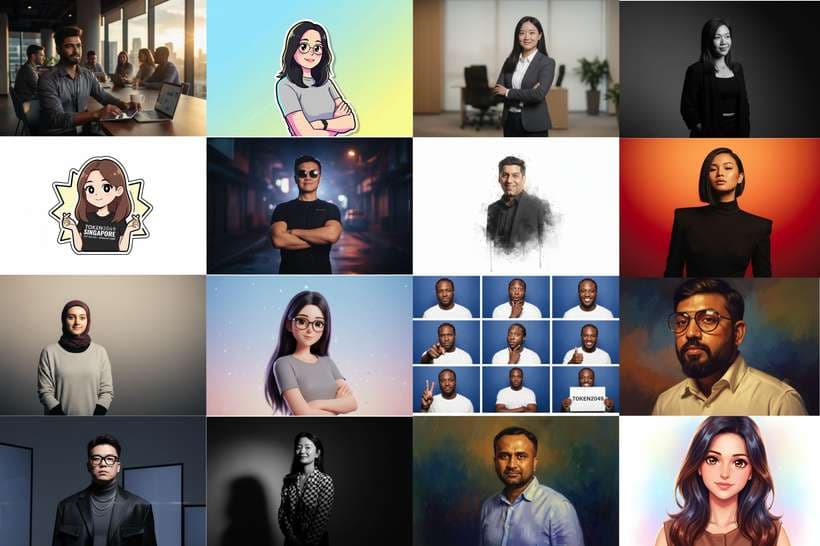 A grid of AI-enhanced headshots from TOKEN2049 Singapore