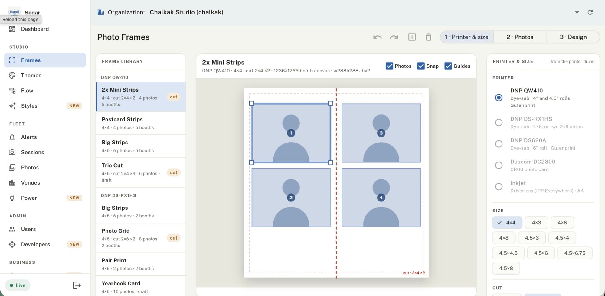 Fleet Cloud frame editor with printer and size settings