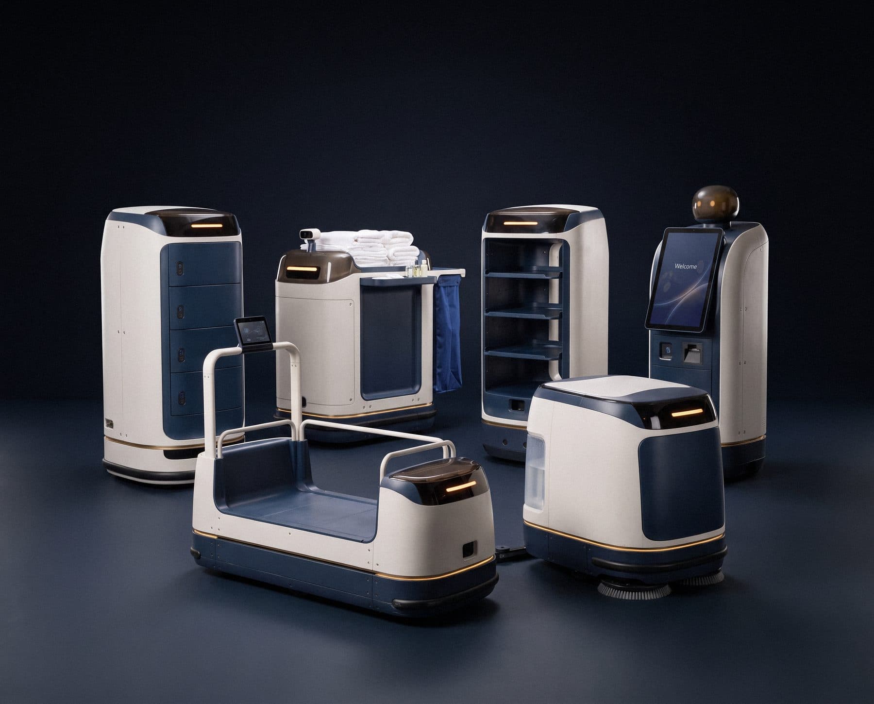 The six Monadex hotel robots: Courier, Linen, Server and Concierge at the back, Porter and Scrub in front